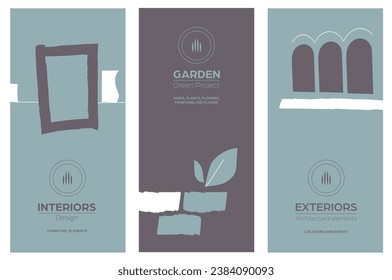 Three images of architecture and gardening.
Graphic card  or covers set