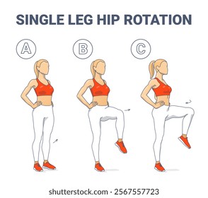 Three images of an athletic woman performing single leg hip rotation exercise step-by-step indoors. Perfect for fitness instructions, apps, or articles focusing on hip mobility and balance training.