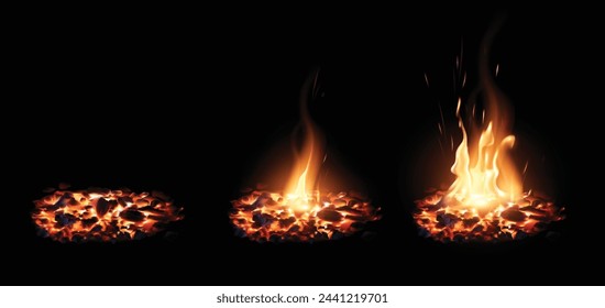 Three images of burning firewood with the effect of transparent smoke on a black background. Very realistic illustration.