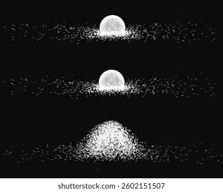 Three images of a moon in the sky. The first image is a close up of the moon, the second is a medium shot of the moon, and the third is a wide shot of the moon. The images are all in black and white