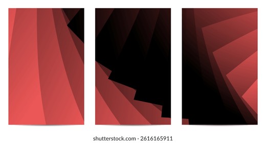 Three images of stacked gradient layers in varying shades of red and black form a visually interesting graphic. The gradient effect creates a sense of depth.