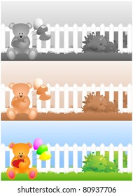 Three images with teddy bear sitting in the grass near fence, balloons and heart
