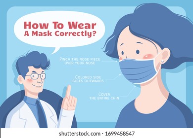 Three important tips for wearing a mask properly, health promotion flat style illustration for COVID-19