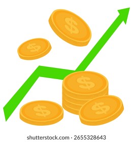 Três conjuntos crescentes de moedas com uma seta indicando o crescimento do rendimento.