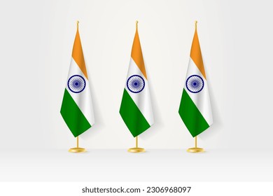 Three India flags in a row on a golden stand, illustration of press conference and other meetings. Vector illustration.