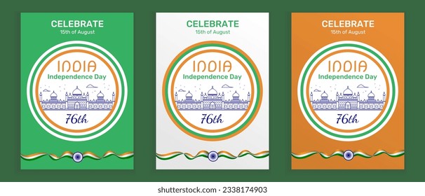 Three India Independence Day vertical vector posters with the flag and symbols of India, architectural line art building and celebration date, 15th of August.