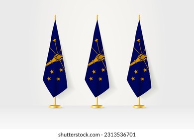 Three Indiana flags in a row on a golden stand, illustration of press conference and other meetings. Vector illustration.