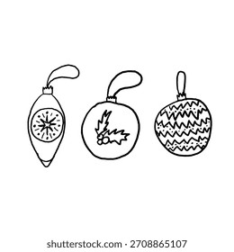 Three individual vectors of doodled baubles, hand drawn in black.
