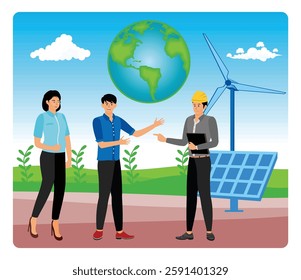 Three individuals collaborate on renewable energy concepts with a wind turbine and solar panel in the background, promoting sustainability and environmental conservation through teamwork.