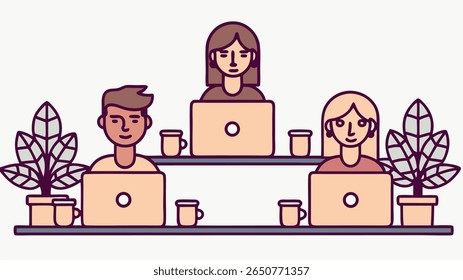 Three individuals, diverse in appearance, work on laptops at desks. They are surrounded by potted plants and coffee cups, suggesting a modern, productive workspace.
