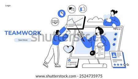 Three individuals engage in teamwork with digital tools, charts, and documents on a large screen. Ideal for business, collaboration, productivity, remote work, digital marketing