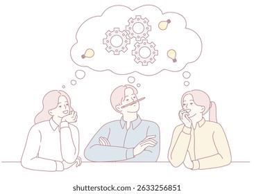 Three individuals engaged in brainstorming, with gears and lightbulbs symbolizing ideas and collaborative efforts