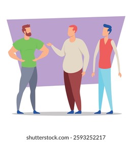 Three individuals engaged in conversation, showing varied expressions and outfits. Interaction concept