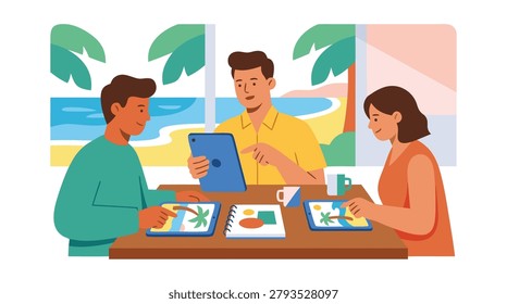 Three individuals are engaged in a discussion while working on their digital devices, set against a tropical beach backdrop.