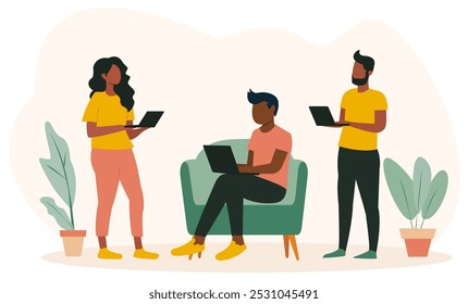 Three individuals are engaged with laptops in a comfortable room, surrounded by plants. The graphic style is modern and vibrant. Vector illustration