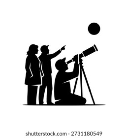 Tres individuos se dedicaron a la observación de estrellas, con una persona mirando a través de un telescopio y otra apuntando hacia el cielo.