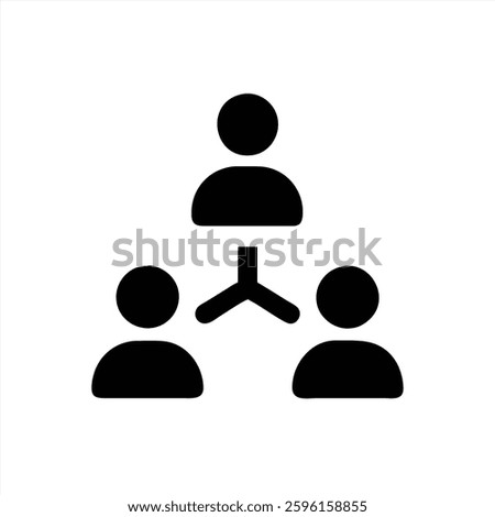Three individuals are illustrated in a vector style, symbolizing collaboration. One person is positioned above two others, connected via a line, representing teamwork and communication.
