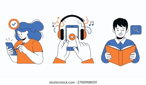 Three individuals interact with technology and books: a woman uses a smartphone, hands hold a phone with headphones for music, and a man reads a book, all set against a clean white backdrop.
