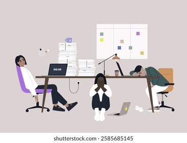 Three individuals navigate the pressures of a bustling office environment, battling fatigue and stress amid towering stacks of paperwork and digital distractions