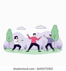 Three individuals practice Tai Chi in a serene park setting, promoting health and wellness through mindful movement and nature.
