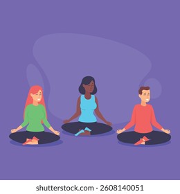 Three individuals practicing meditation in vibrant studio, focusing on their breath and maintaining serene atmosphere. Relaxation and mindfulness concept
