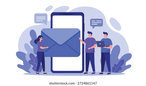 Drei Personen, zwei Männer und eine Frau, beschäftigen sich mit einem markanten blauen E-Mail-Umschlagsymbol, das auf einem großen Smartphone angezeigt wird.
