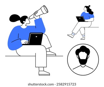 Three individuals, two sitting with laptops, one using telescope, and a circular avatar of a bearded man. Ideal for technology, remote work, communication, collaboration, professional networking