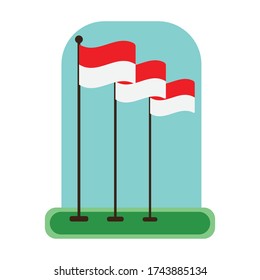 Tres banderas onduladas indonesias en medio del diseño vectorial del cielo azul