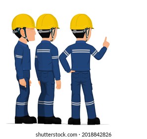 Three industrial worker have a meeting on white background