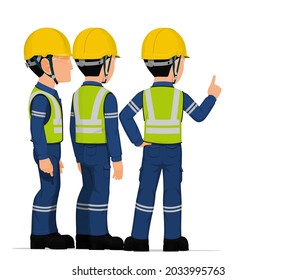 Three industrial worker have a meeting on white background