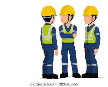 Three industrial worker have a meeting on white background