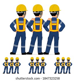 Three industrial worker standing together on white background