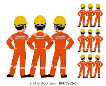 Tres trabajadores industriales juntos en un fondo blanco