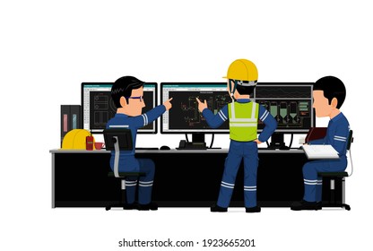 Three industrial workers are discussing about their work.