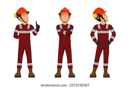 Three industrial workers are looking at high