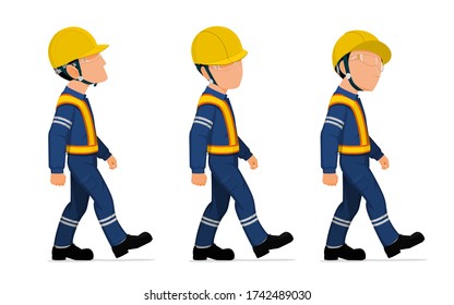 Three industrial workers are walking on white background
