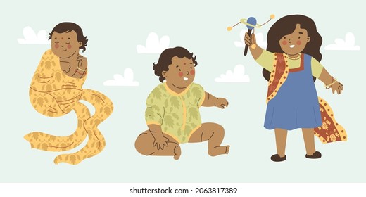 Three infancy children newborn, first year baby, kid. Indian baby. Cute child in traditional Indian clothes. Human ages. Flat style in vector illustration. Swaddled little baby sleeping. Girl playing.