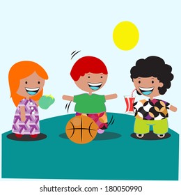 three infants in the playground enjoying a drink and fruit on a sunny day.