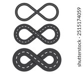 Three infinity shaped roads with dashed lines. Various thicknesses of black road loops. Simple vector illustration.