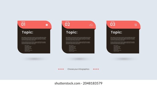 Three Infographic design with icons. 3 options or 3 steps. process diagram, flow chart, info graph, Infographics for business concept, presentations banner, workflow layout, Vector and illustration st