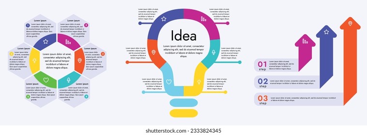 Tres elementos infográficos con 6 y 3 secciones para información.
El conjunto le ayudará a presentar sus datos de una manera moderna y clara. Se utiliza para crear presentaciones, crear infografías animadas.