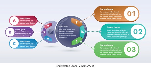 Drei Infografik-Elemente mit 6 und 3 Abschnitten zur Information. Das Set wird Ihnen helfen, Ihre Daten auf moderne Art und Weise darzustellen. Verwenden Sie die Kollektion, um Präsentationen zu erstellen, animierte Infografiken zu erstellen.