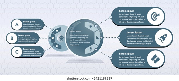 Three infographic elements with 6 and 3 sections for information. The set will help you present your data in a modern way. Use the collection to create presentations, create animated infographics.