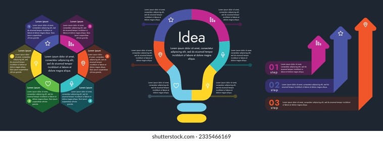 Three infographic elements on a dark background with 6 and 3 sections for information. The set will help you present your data in a modern and clear way. Use to create presentations, create animated 