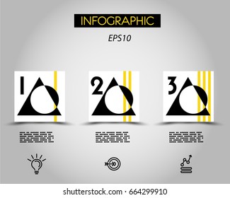 three infographic squares with black triangle,  concept of options