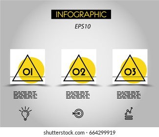 three infographic squares with linear triangle,  concept of options