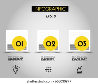 three infographic squares with lines and dots, concept of options