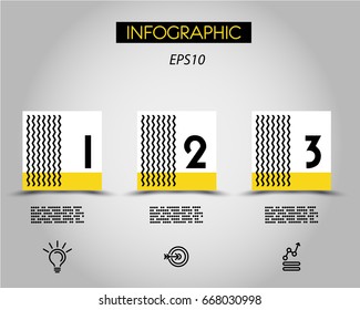 three infographic squares with numbers and zig zag lines, concept of options