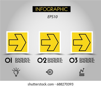 three infographic squares with outline large arrow,  concept of options
