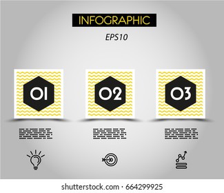 three infographic squares with pattern and hexagon, concept of options